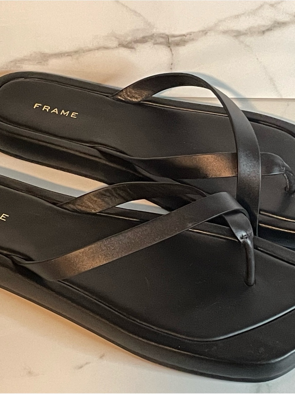 Frame Denim Black Leather Cross-Strap Thong Sandals
